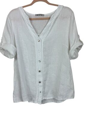 FEMME FATALE Linen Mother Of Pearl Button Roll Tab Sleeve Blouse sz L
